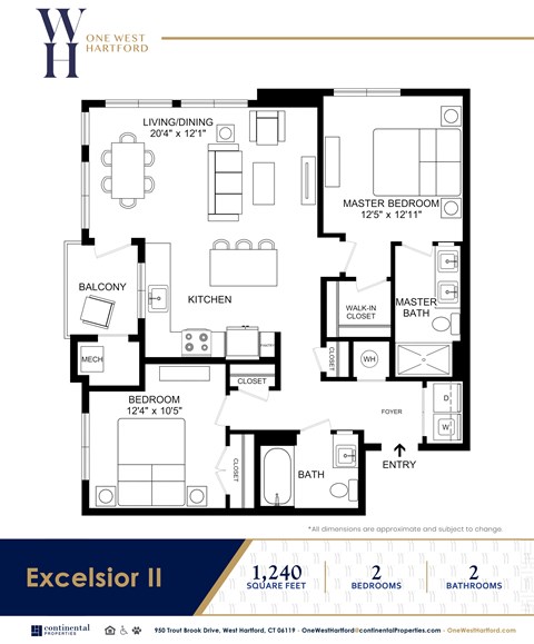 Floor plan for 2 beds, 2 baths, 1240 sqft